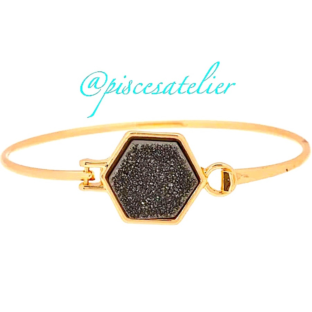 Melrose and Market Hexagonal Black Druzy Gold Plated Hinged Cuff Bracelet
